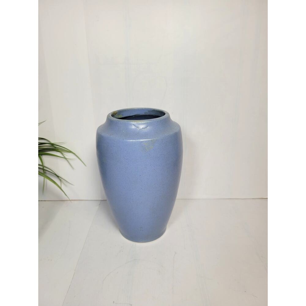 Vintage Blue Vase, Unmarked Pottery 8-1/2", Arts & Crafts Style